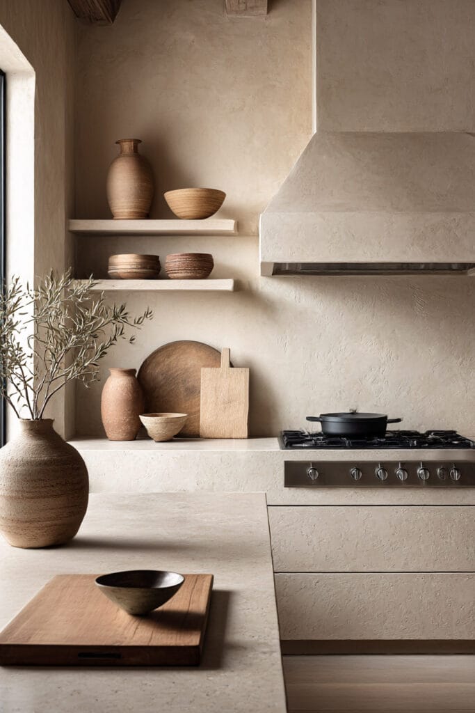 plaster wall kitchen with limewash finish, neutral tones, wood decor, and organic modern kitchen styling