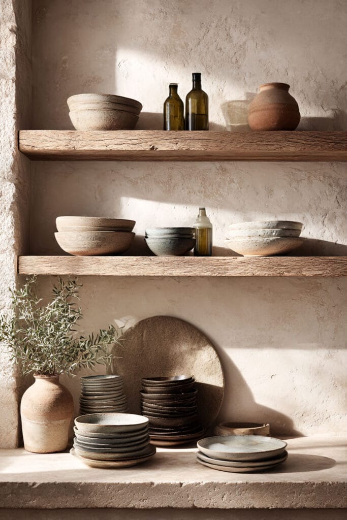 plaster wall kitchen with open wood shelves, ceramic dishes, and earthy decor in an organic modern kitchen design