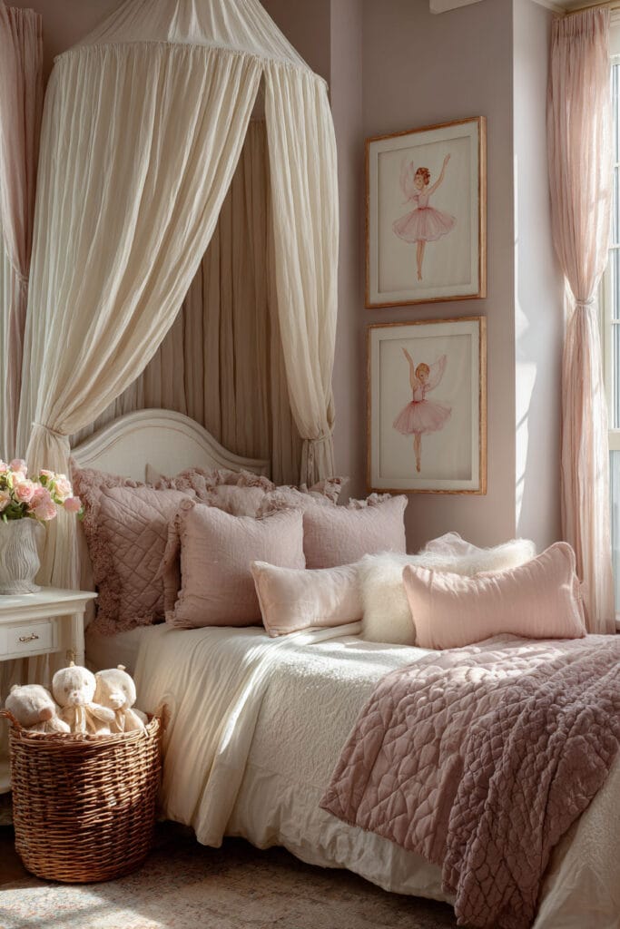 Princess-inspired little girls bedroom with blush bedding, canopy bed, ballerina wall art, and soft neutral decor.