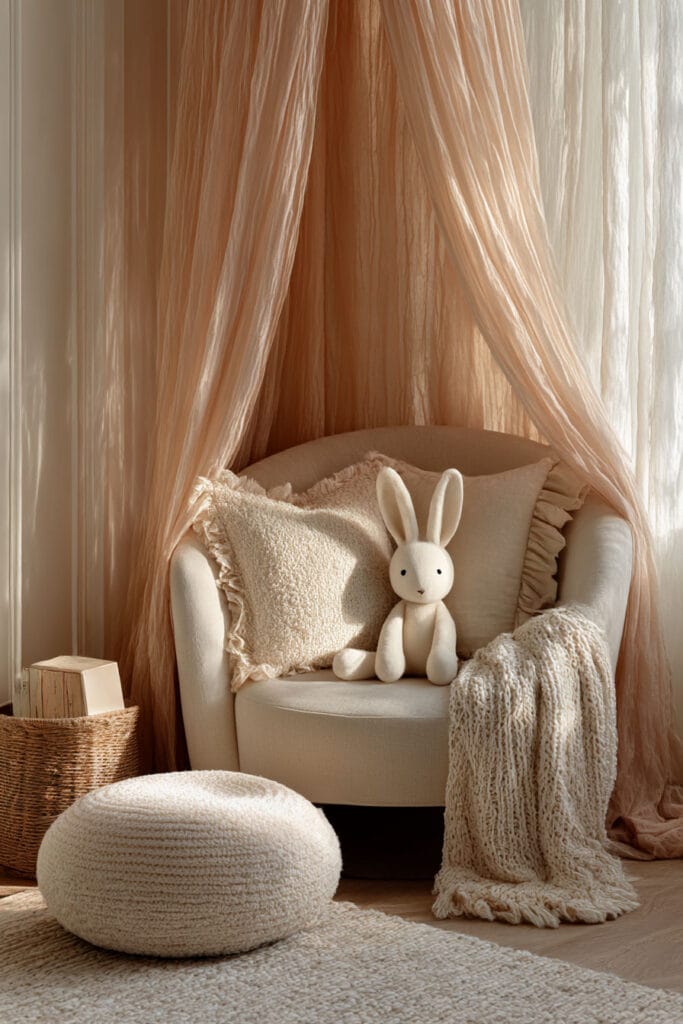 Princess-inspired little girl’s bedroom reading nook with blush canopy, cozy armchair, bunny plush toy, knit throw blanket, and soft neutral decor.