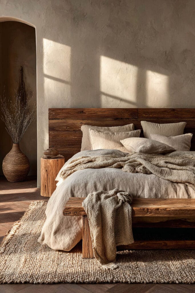 Rustic Japandi bedroom with solid wood bed frame, neutral linen bedding, textured rug, and warm sunlight shadows