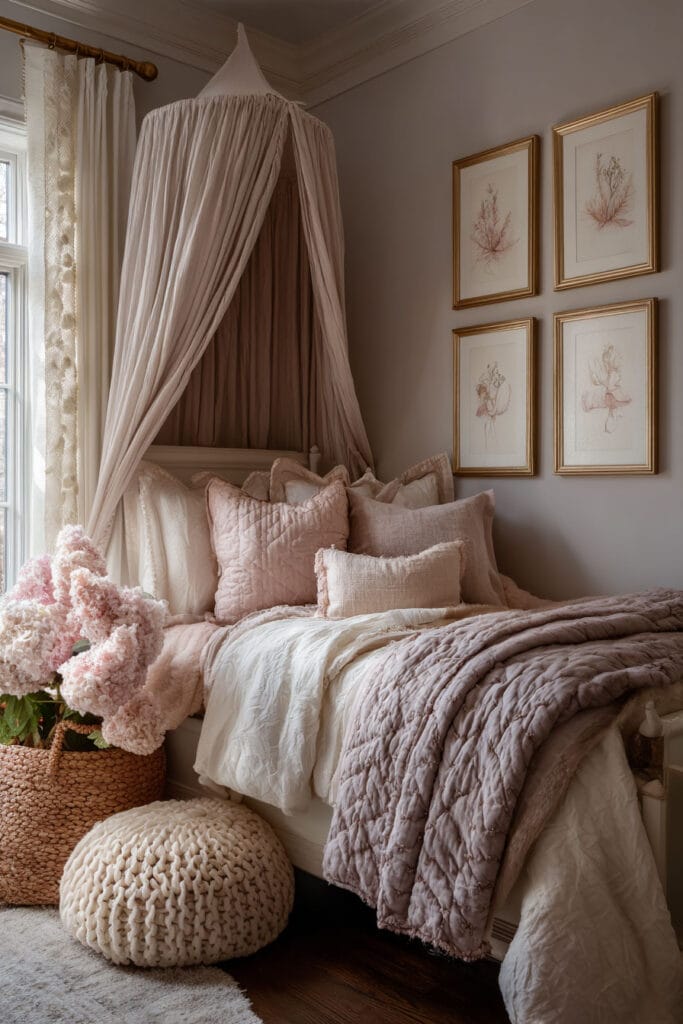 Blush princess-inspired little girls bedroom with canopy bed, layered pink bedding, framed wall art, and cozy knit pouf.