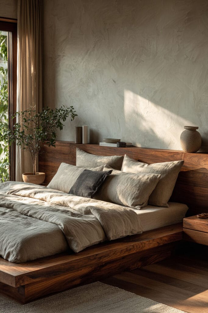 Japandi bedroom with dark wood platform bed, neutral linen bedding, natural wood headboard shelf, ceramic decor, and soft natural light