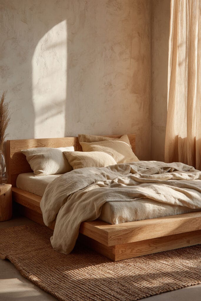 Japandi bedroom with light wood platform bed, layered linen bedding, textured plaster wall, woven rug, and soft natural sunlight