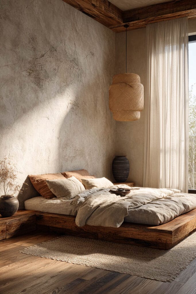 Japandi bedroom with low wooden platform bed, earthy neutral linen bedding, textured plaster wall, and warm natural sunlight