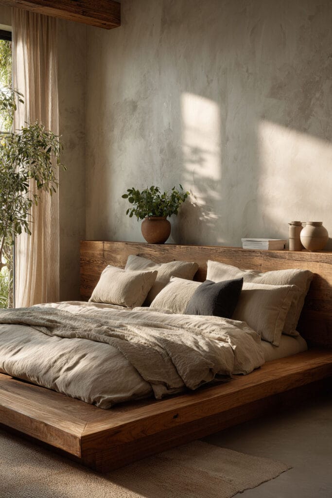 Japandi bedroom with natural wood platform bed, neutral linen bedding, soft sunlight shadows, and minimalist decor with plants