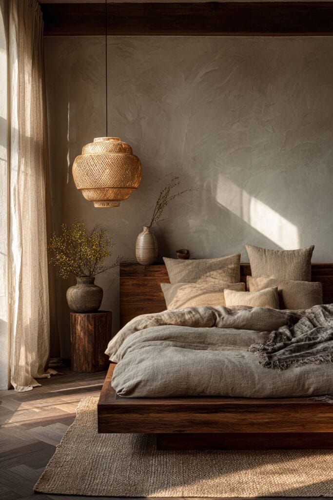 Japandi bedroom with wooden platform bed, neutral linen bedding, woven pendant light, textured wall, and warm natural sunlight