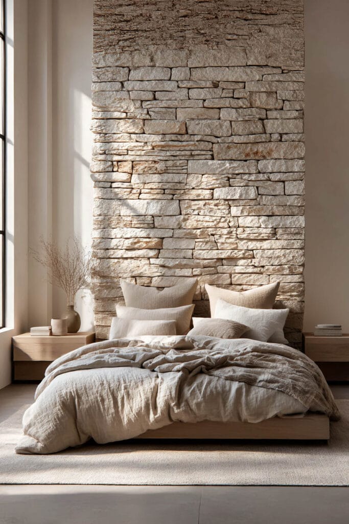 Organic modern bedroom with tall stone headboard wall, wood platform bed, and layered neutral bedding in warm earthy decor.