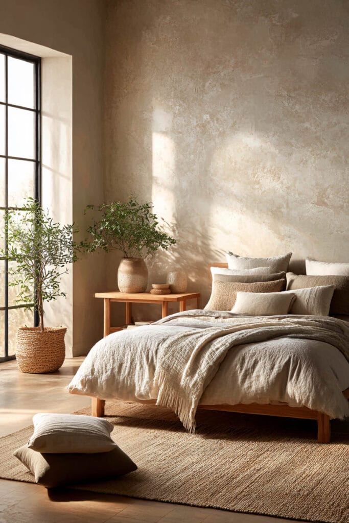Organic modern bedroom with linen bedding, textured plaster wall, natural wood bed frame, and warm neutral decor