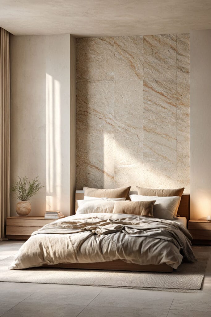 Organic modern bedroom with stone feature wall, neutral linen bedding, wood nightstands, and warm natural sunlight.
