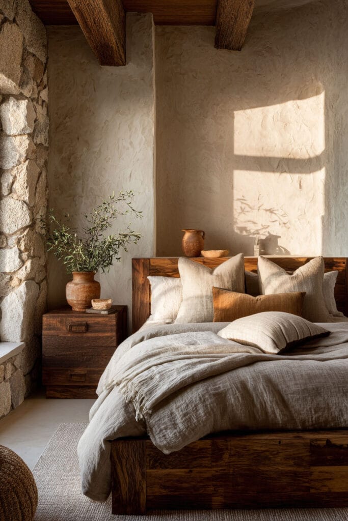 Organic modern bedroom with stone accent wall, wood bed frame, linen bedding, and warm natural sunlight.