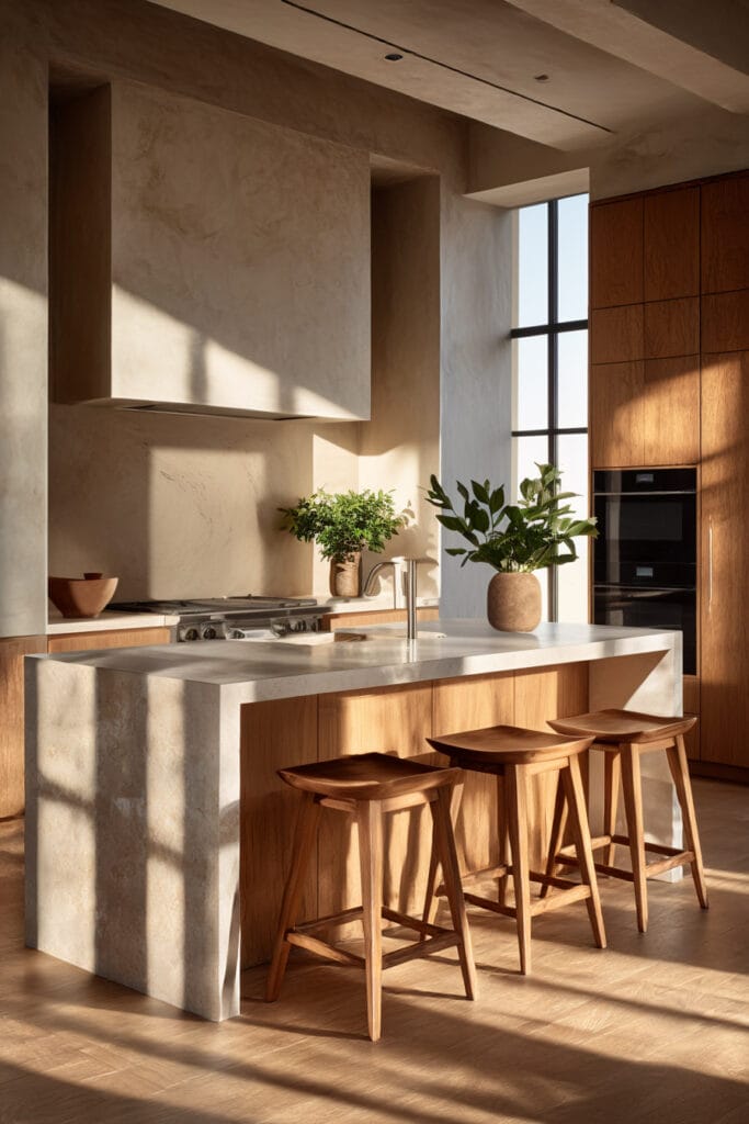Kitchen with plaster walls, stone island, warm wood cabinets, and natural sunlight in a modern organic kitchen design