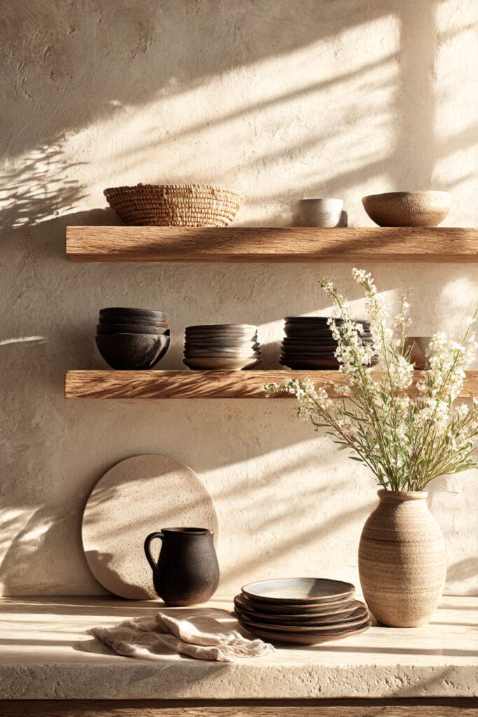 plaster wall kitchen with open wood shelving, neutral ceramics, textured walls, and warm natural light organic kitchen design