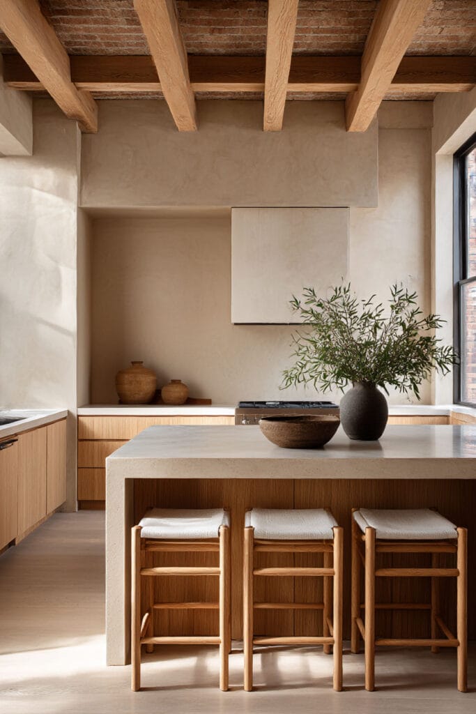 plaster wall kitchen with warm wood cabinets, exposed wood beams, and neutral organic modern kitchen design