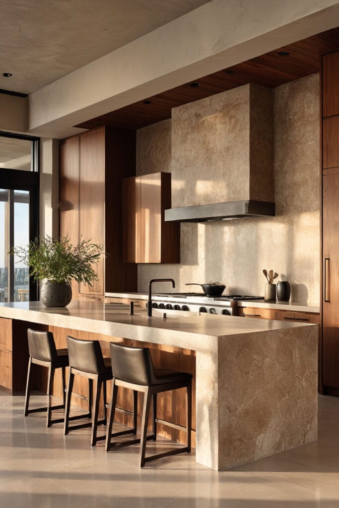 plaster wall kitchen with warm wood cabinets and large stone island in organic modern kitchen design
