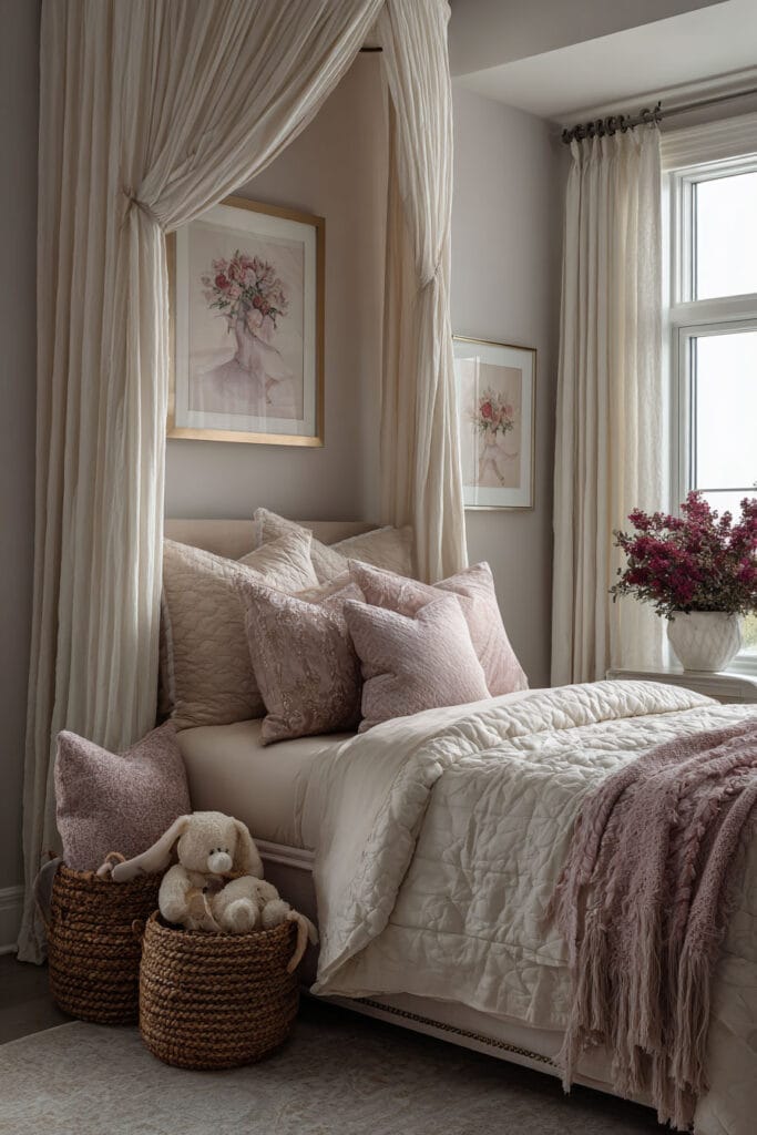 Princess-inspired little girls bedroom with canopy bed, blush pillows, ballerina wall art, woven baskets with plush toys, and soft neutral decor.