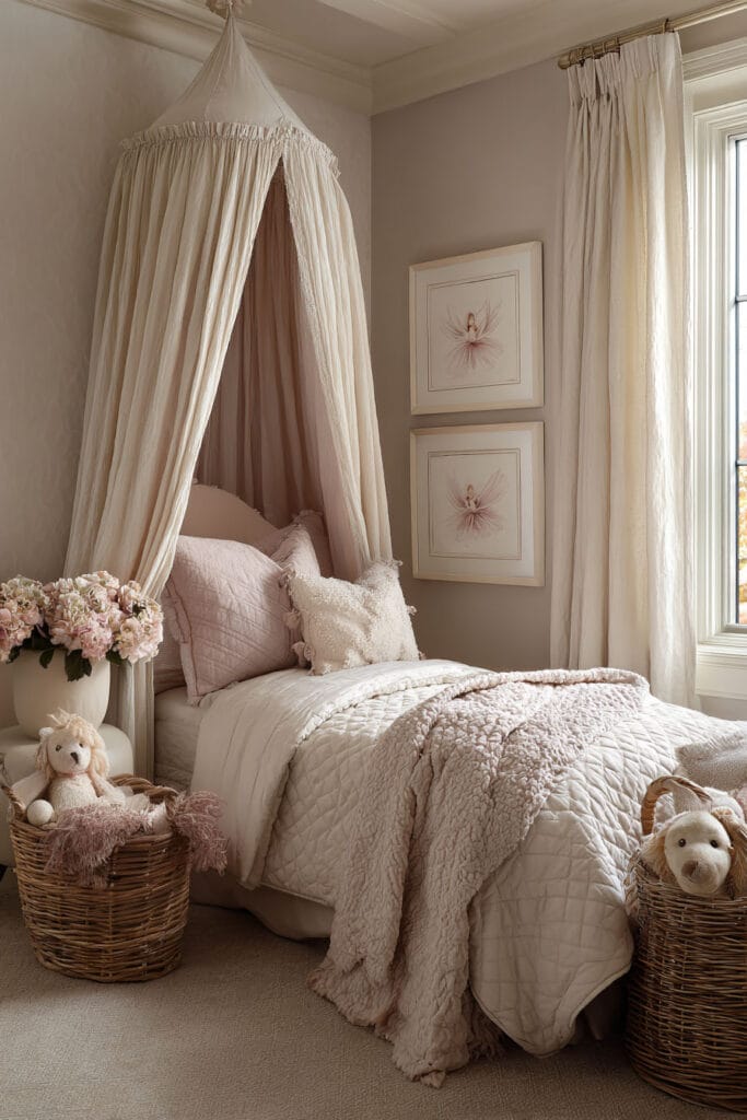 Princess-inspired little girl’s bedroom with canopy bed, blush bedding, ballet wall art, and woven baskets with stuffed animals.