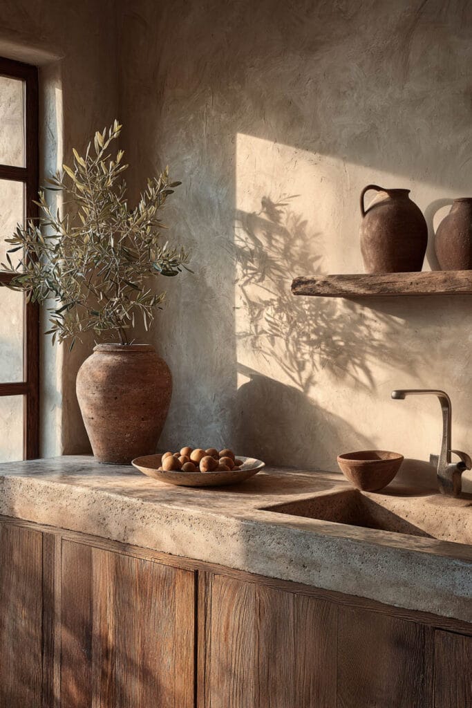 textured plaster kitchen walls with rustic wood cabinets, stone countertop, and warm earthy organic kitchen design with natural light