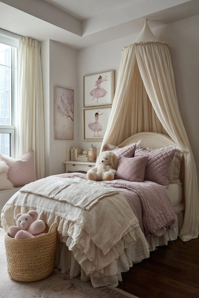 Ballet-inspired little girls bedroom with blush canopy bed, ballerina wall art, layered bedding, and plush toys.