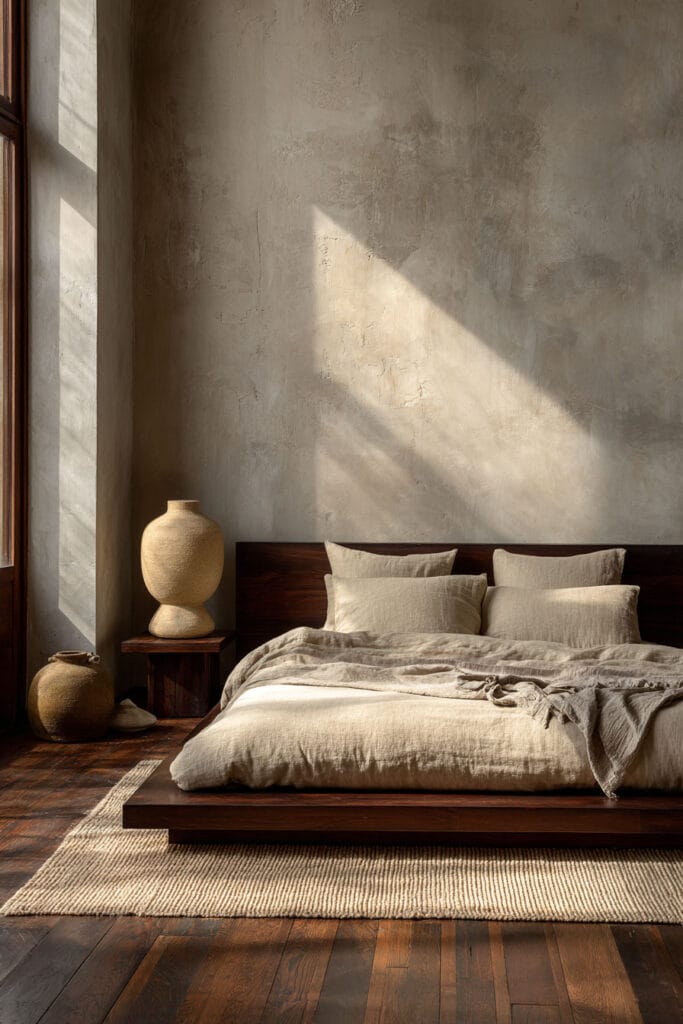 Japandi bedroom with dark wood platform bed, neutral linen bedding, textured plaster wall, ceramic decor, and soft natural sunlight