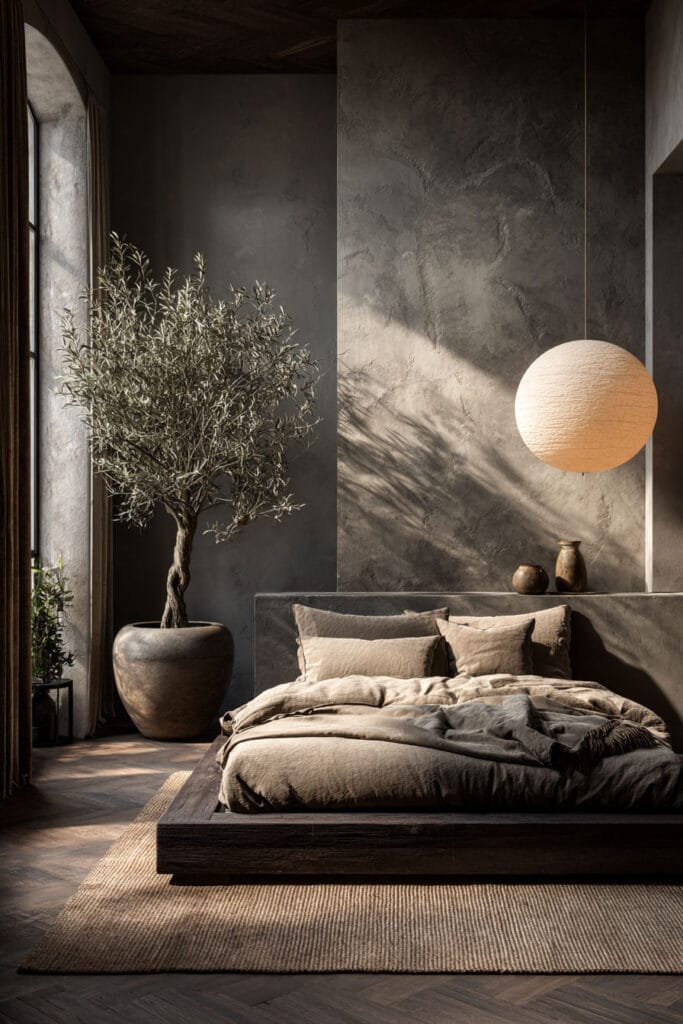 Japandi bedroom with dark wood platform bed, textured stone wall, neutral bedding, paper lantern light, and olive tree
