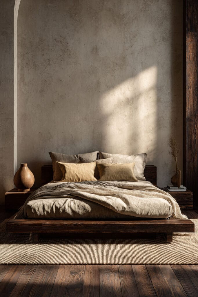 Japandi bedroom with dark wood platform bed, neutral linen bedding, textured plaster wall, ceramic decor, and warm natural sunlight
