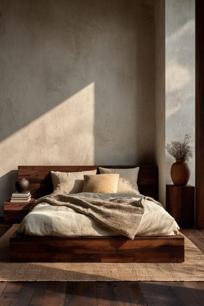 Japandi bedroom with wooden platform bed, linen bedding, textured plaster wall, and warm sunlight highlighting natural materials