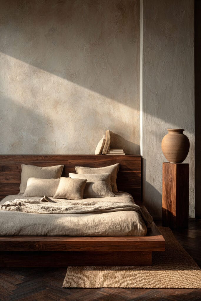 Japandi bedroom with dark wood platform bed, textured plaster wall, neutral linen bedding, and ceramic vase on wooden pedestal