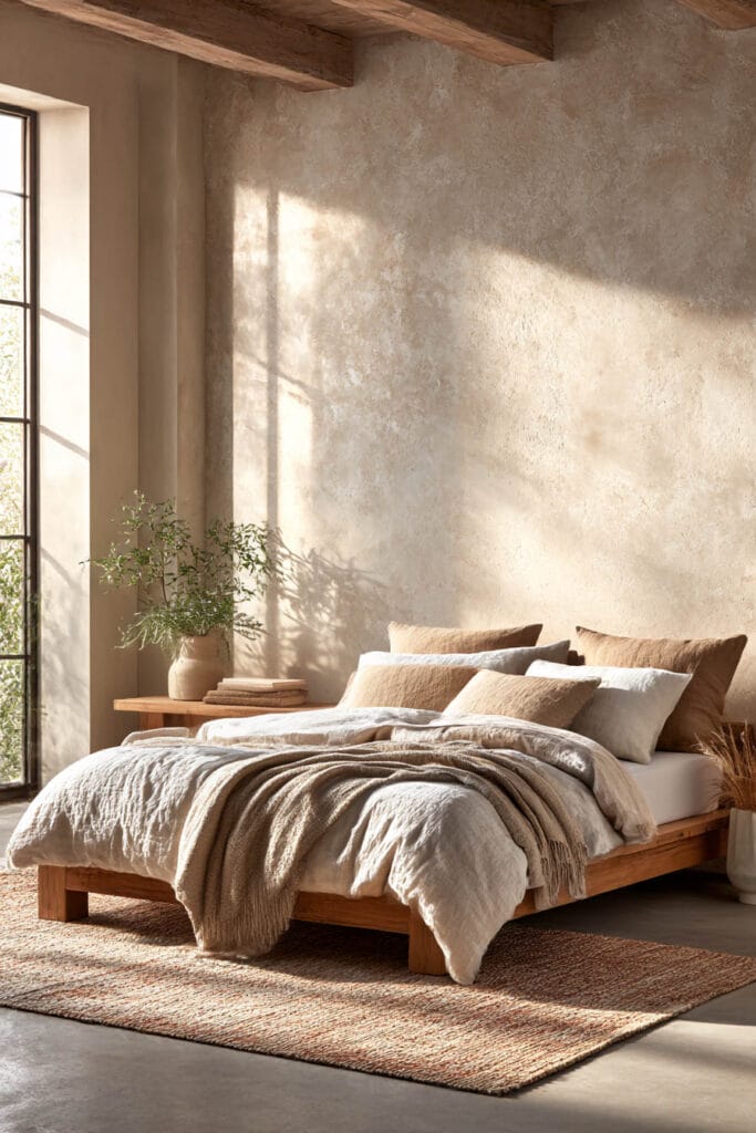 Earthy organic modern bedroom with wood platform bed, textured plaster wall, neutral bedding, and natural materials decor.
