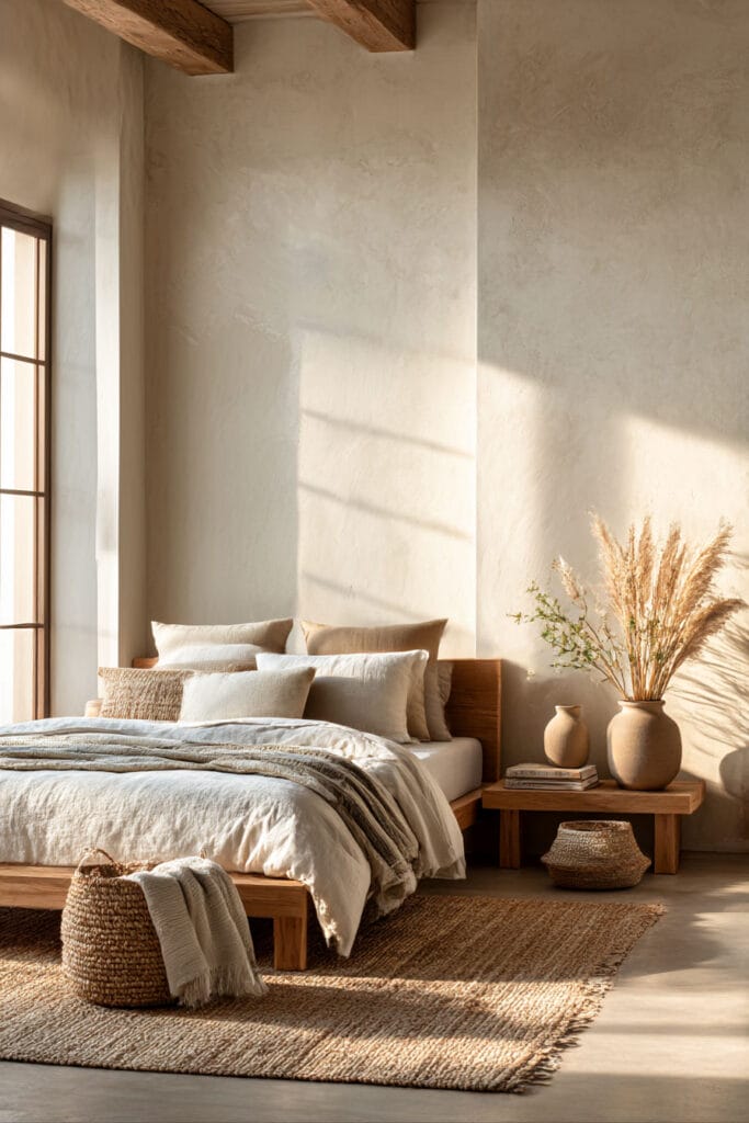 Organic modern bedroom with neutral linen bedding, plaster walls, wood bed frame, and warm natural sunlight.