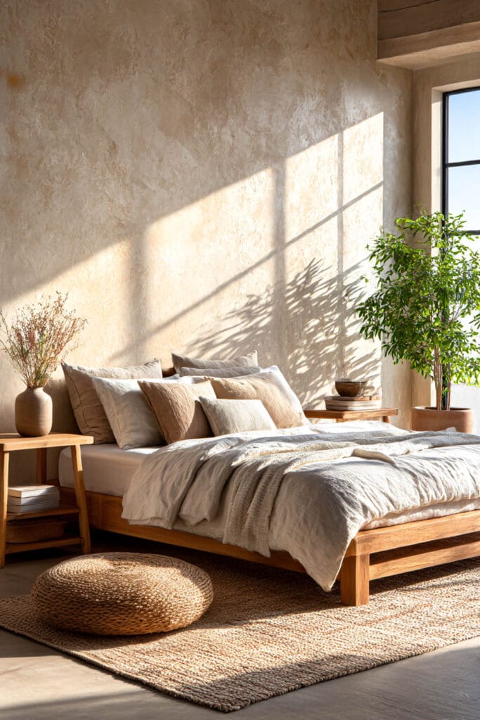 Organic modern bedroom with textured plaster wall, wood bed frame, linen bedding, and warm natural sunlight.