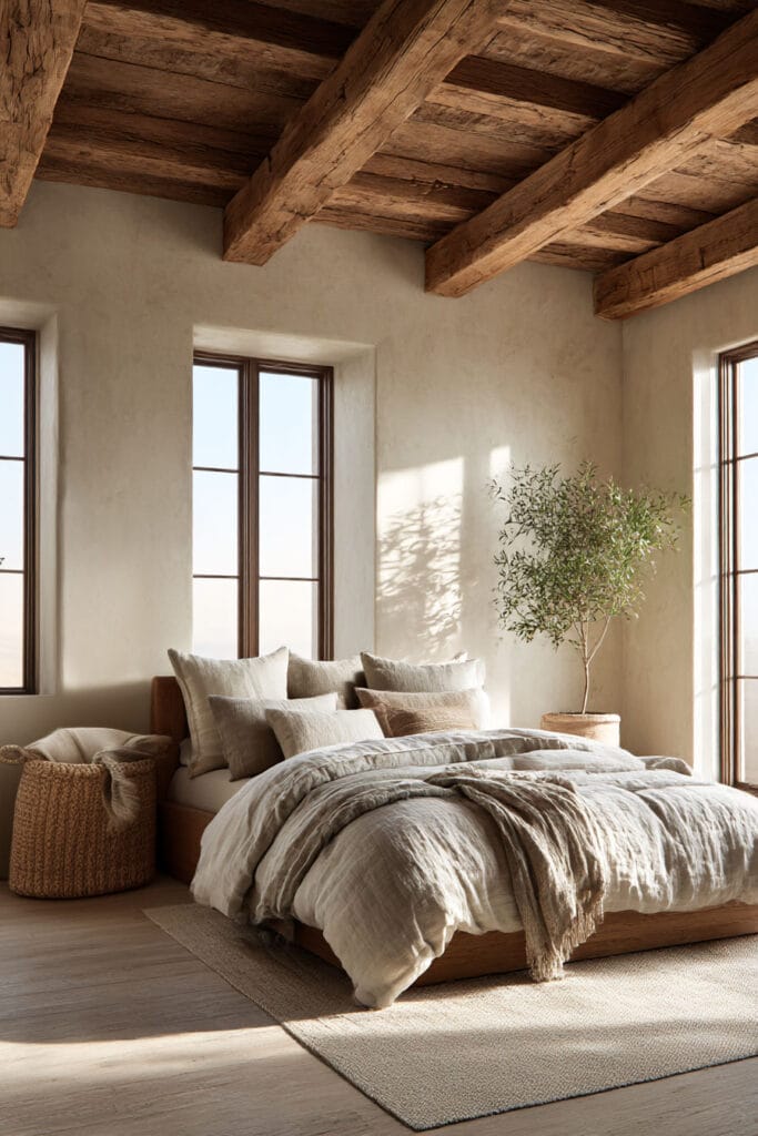 Organic modern bedroom with exposed wood beams, linen bedding, natural wood bed frame, and warm neutral decor