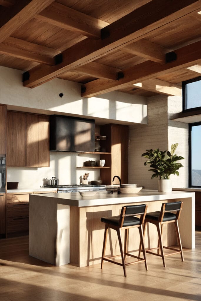 plaster kitchen walls with wood cabinets, ceiling beams, and modern organic kitchen design with warm neutral tones and natural light
