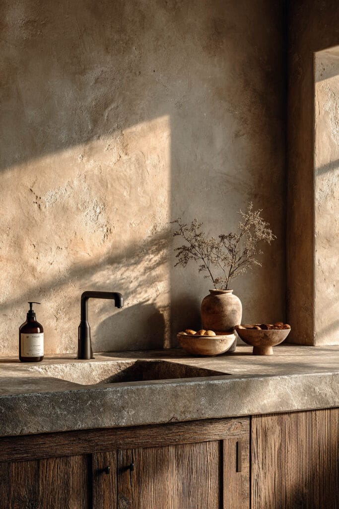plaster wall kitchen with stone sink, warm wood cabinets, textured walls, and earthy organic modern kitchen design