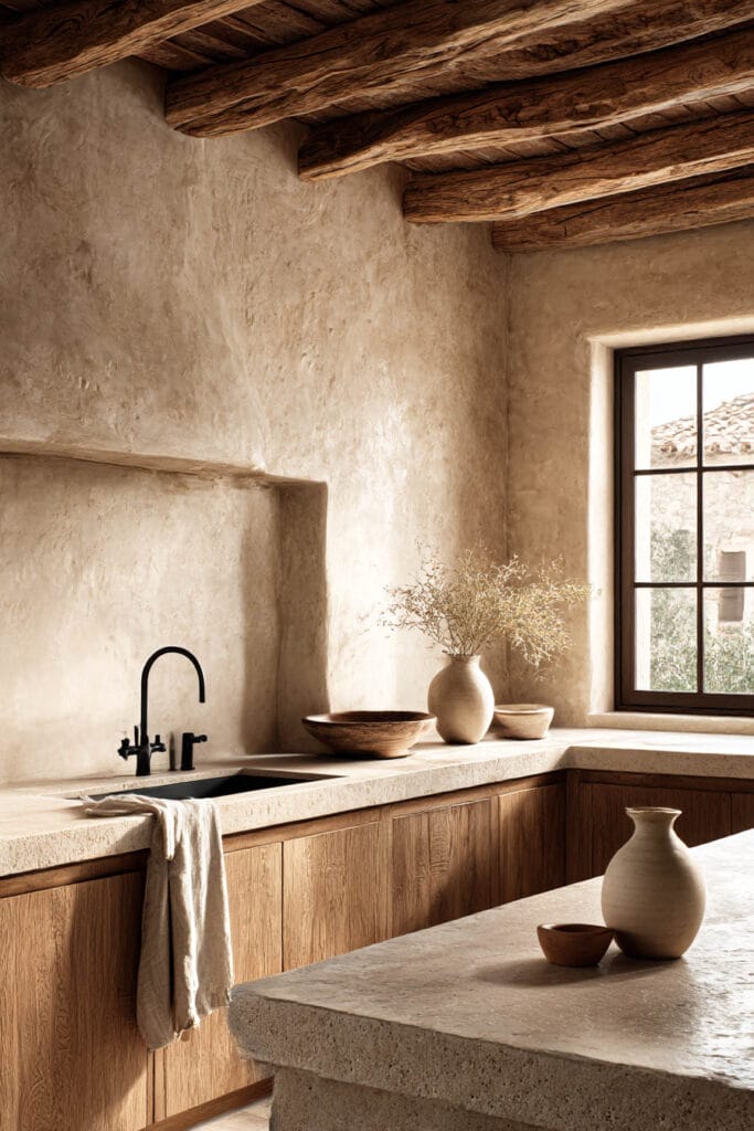 plaster wall kitchen with wood beams warm wood cabinets and stone countertops in rustic organic modern design