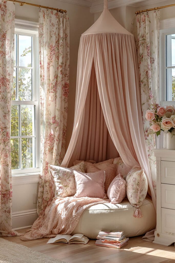 Princess-inspired girls bedroom reading nook with blush canopy drapes, floral curtains, layered pillows, and cozy seating area.
