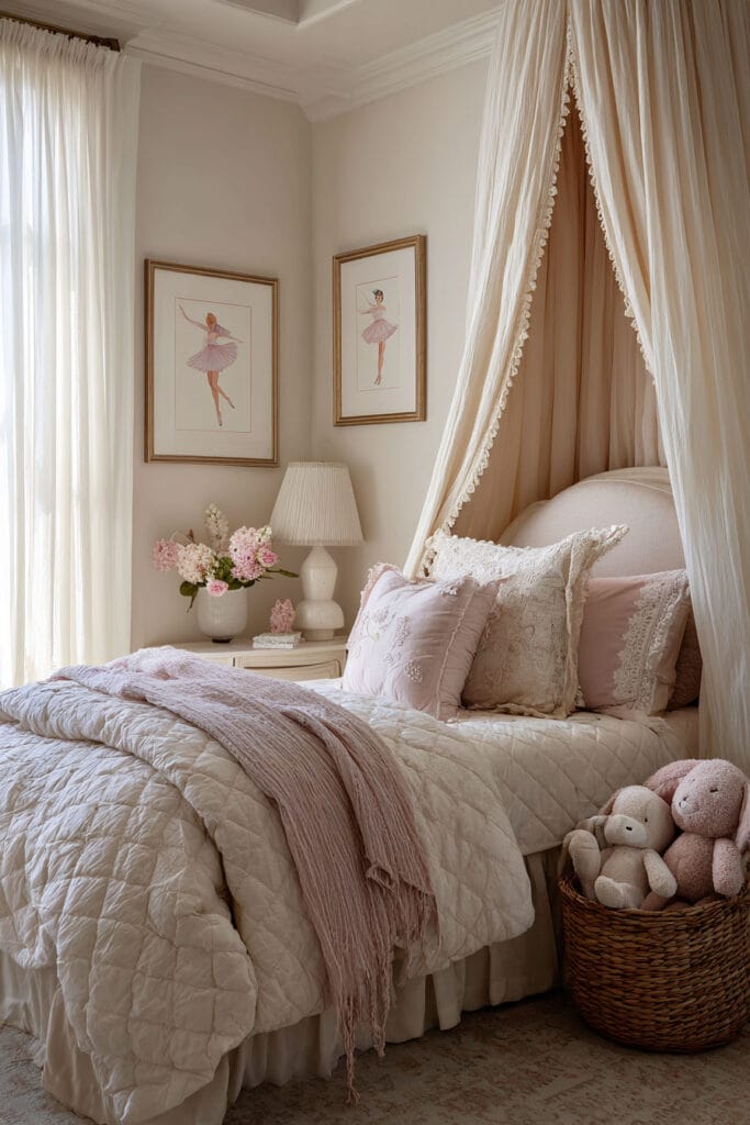 Princess-inspired little girl’s bedroom with canopy bed, blush bedding, ballet wall art, and stuffed animals in a woven basket.