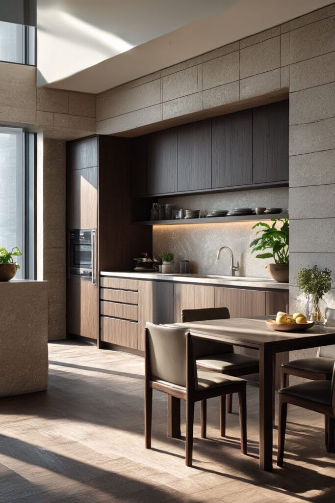 Kitchen with textured stone walls, wood cabinets, soft under-cabinet lighting, and modern organic design