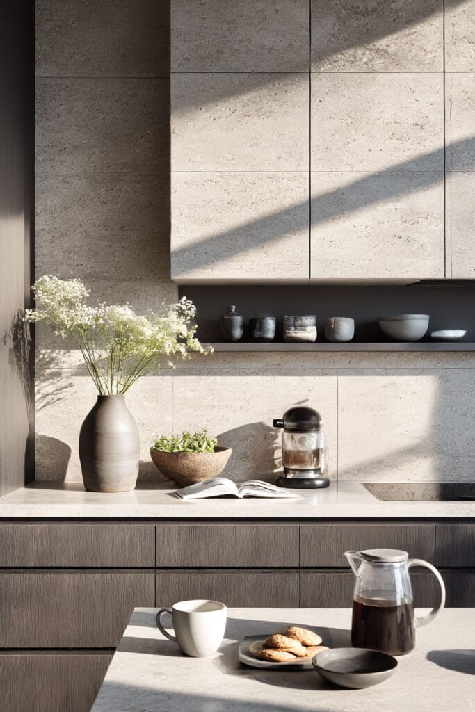 textured stone wall kitchen with neutral cabinets, open shelf styling, and organic modern kitchen decor in warm tones