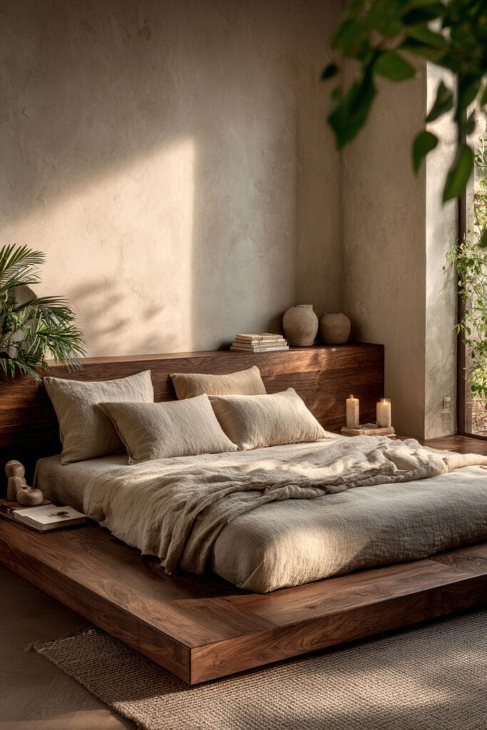 Japandi bedroom with dark wood platform bed, neutral linen bedding, textured wall, soft natural sunlight, and minimalist decor with candles and plants