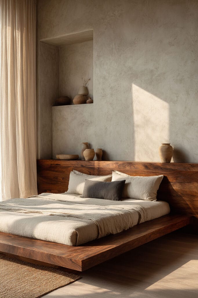 Japandi bedroom with floating wood platform bed, textured plaster wall, built-in niche shelves, and neutral linen bedding