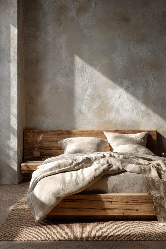Japandi bedroom with rumpled linen bedding, low wood platform bed, textured plaster wall, and warm sunlight casting shadows