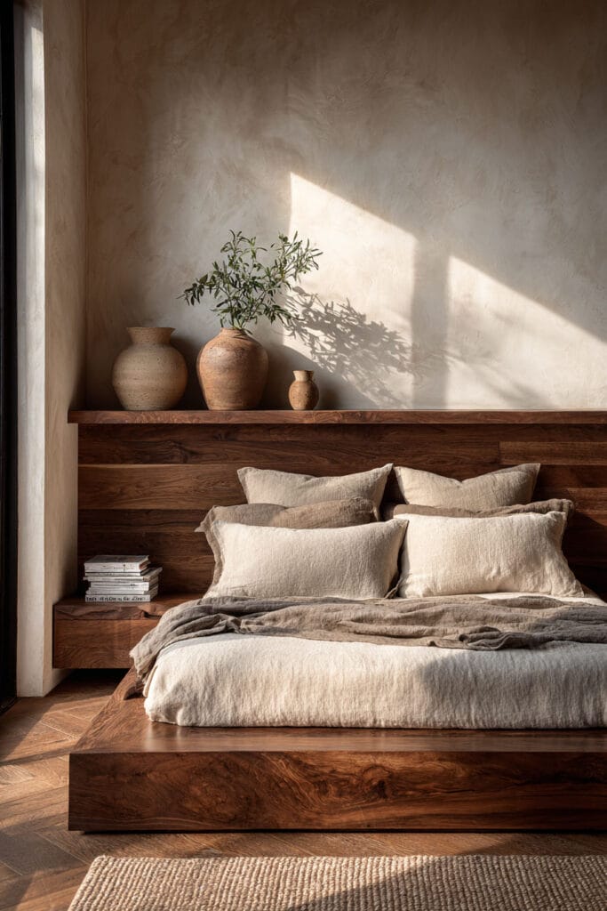 Japandi bedroom with wooden headboard, layered linen bedding, ceramic vases, and textured plaster wall in warm sunlight