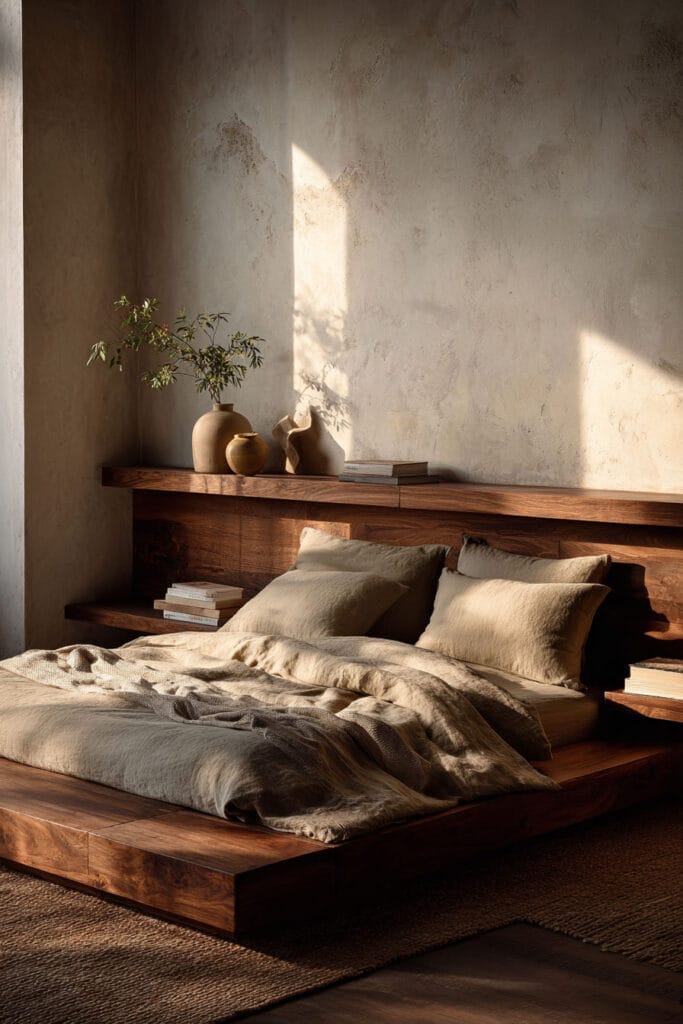 Japandi bedroom with wooden platform bed, built-in shelf headboard, neutral linen bedding, ceramic decor, and warm natural sunlight