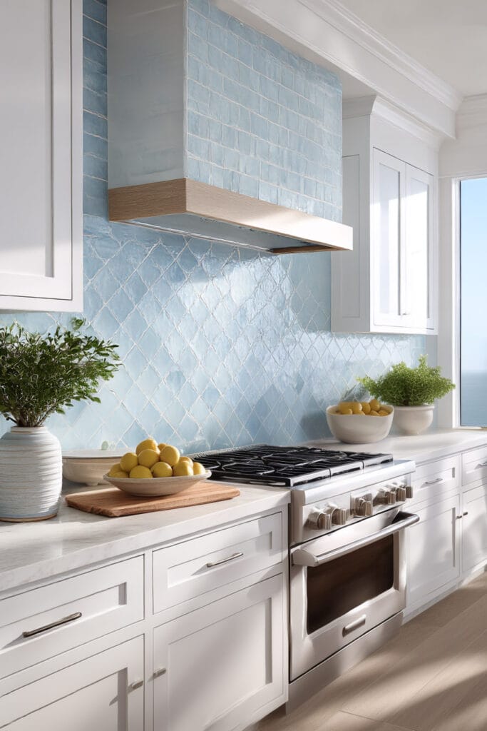 light blue tile kitchen backsplash with white cabinets, minimal kitchen design with handmade tiles and natural light