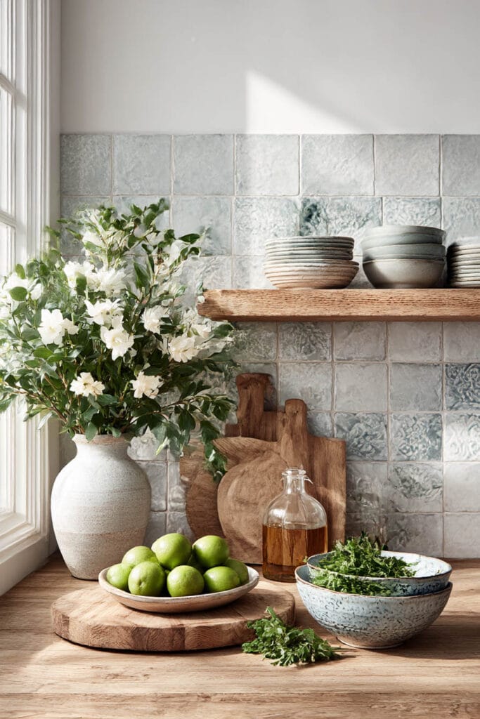 minimal kitchen backsplash with handmade tiles, open shelving, and warm wood accents in a cozy neutral kitchen design