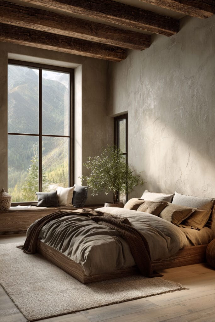 Organic modern bedroom with exposed wood beam ceiling, plaster walls, wood platform bed, and large window highlighting natural materials.