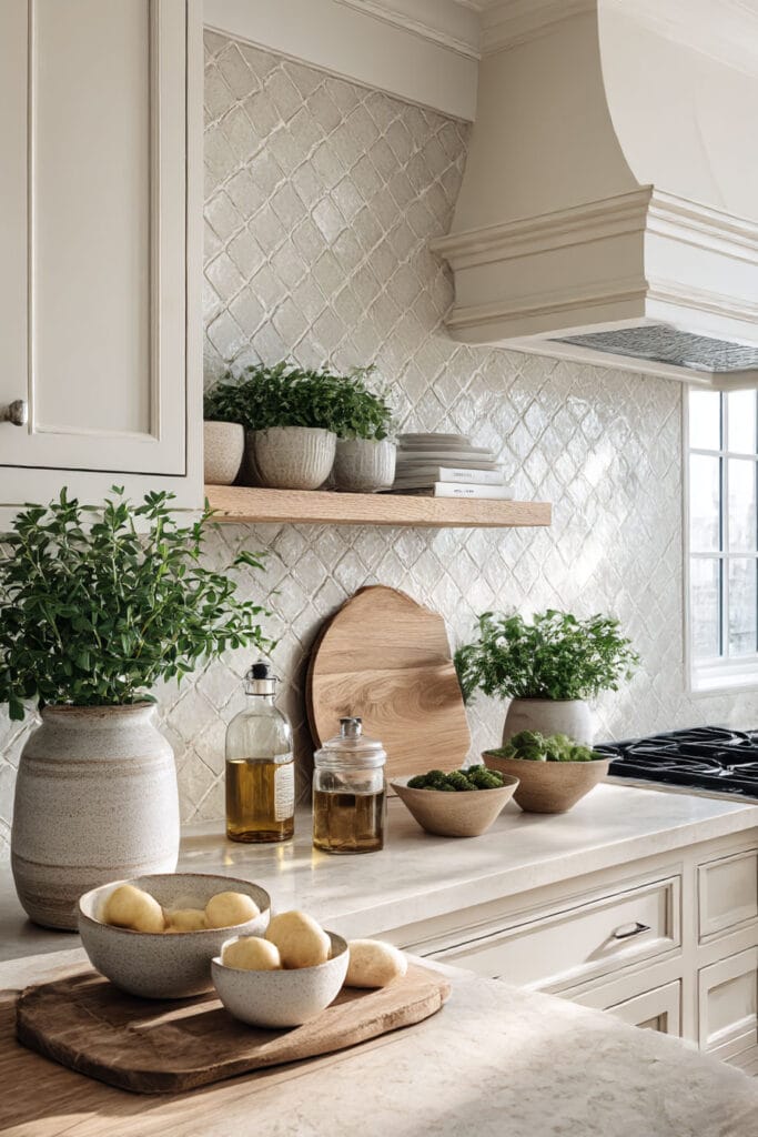 Neutral kitchen with textured tile backsplash, cream cabinets, wood accents, and natural styling in a minimalist kitchen design