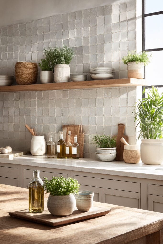 neutral kitchen with textured tile backsplash open shelving and warm wood accents in organic modern kitchen design