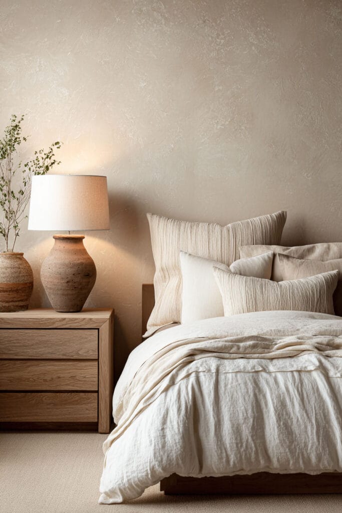 Organic modern bedroom with linen bedding, textured plaster wall, wood nightstand, and clay ceramic lamp